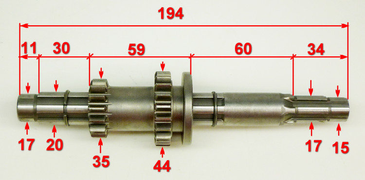 Вал 1 в сборе L=194мм (шестерня 15/20 зубьев)