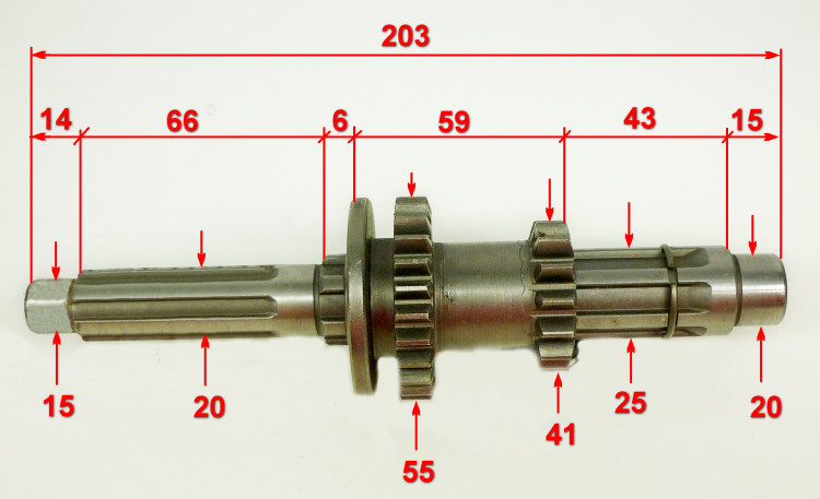 Вал 1 в сборе L=203мм (шестерня 14/25 зубьев)